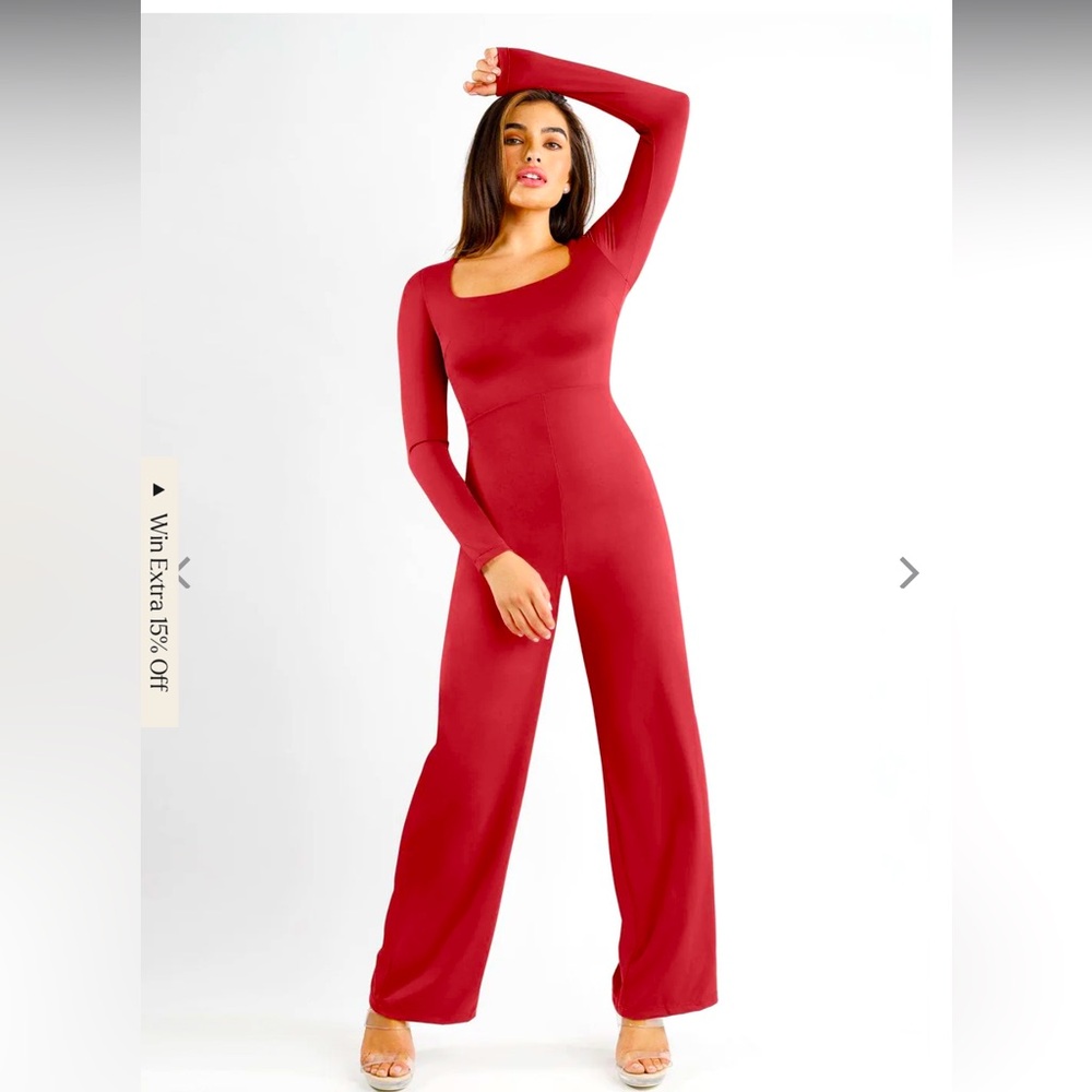 Popilush Shapewear Long Sleeve Square Neck Slimming Wide Leg Jumpsuit
